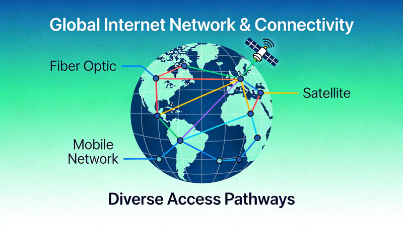 Ilustrasi jaringan internet dan koneksi global dengan berbagai jalur akses