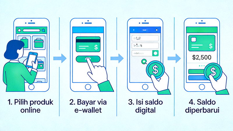 Ilustrasi proses transaksi online dan pengisian saldo digital